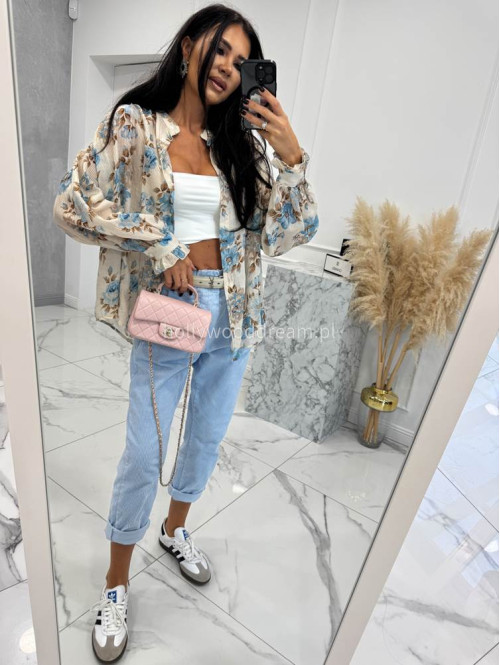 Beżowa koszula oversize w błękitne kwiaty Naomi 52 - photo #2