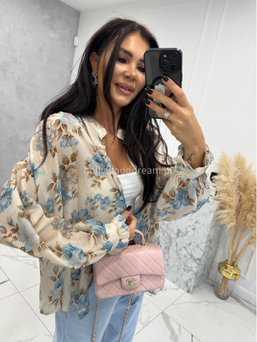 Beżowa koszula oversize w błękitne kwiaty Naomi 52 - photo #3