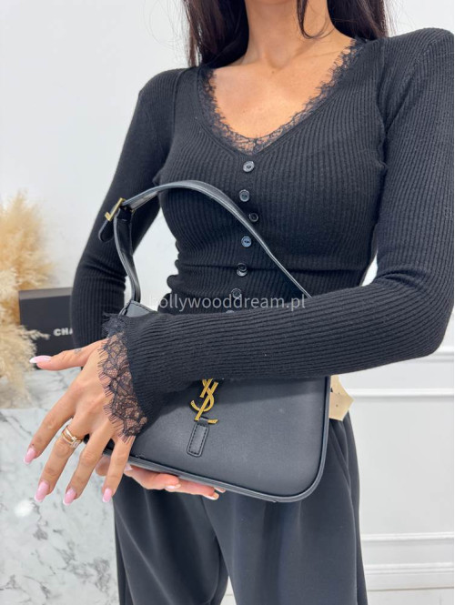 Czarna bluzka prążkowana wykończona koronką z ozdobnymi guzikami Nesti 09 - photo #9