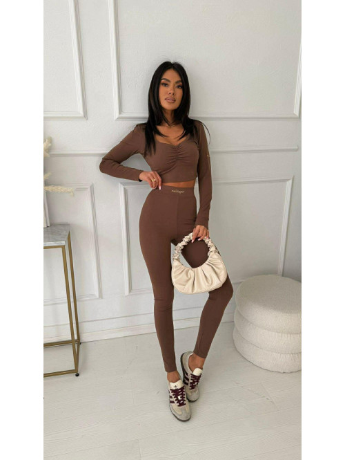 Brązowy komplet bluzka z marszczeniem+ legginsy BASIC SLIM 163 - photo #2