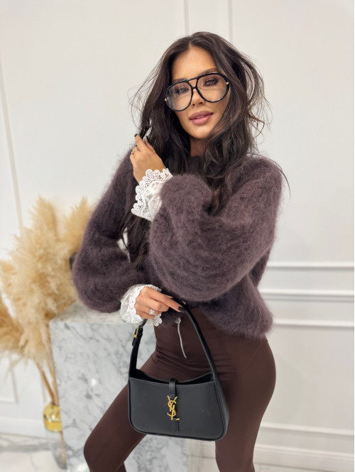 Ciemno czekoladowy sweter moherowy z poszerzanymi rękawami WALENCJA 52