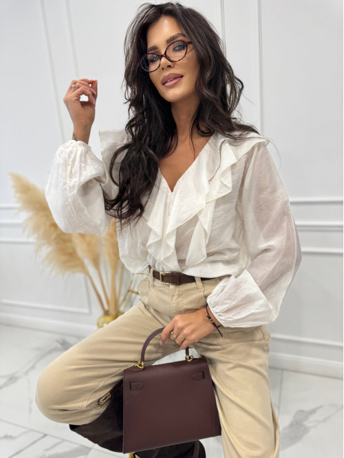 Ecru koszula na długi rękaw z żabotem 70% wiskoza ULA 194