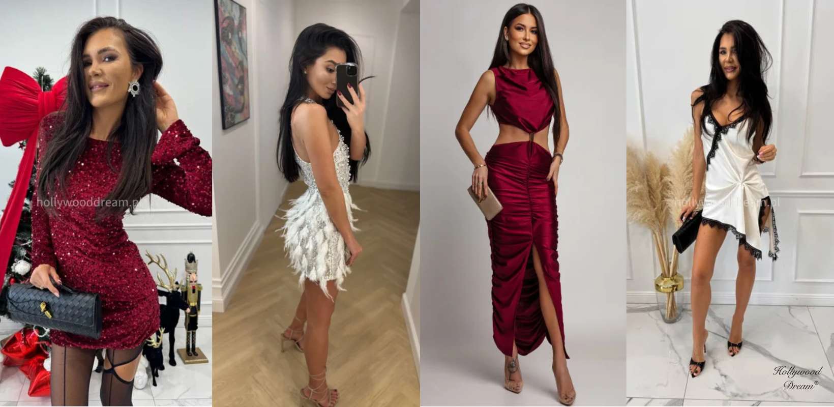 Cztery efektowne sukienki sylwestrowe &ndash; od czerwonej cekinowej mini, przez białą kreację z pi&oacute;rami, elegancką bordową suknię z wycięciami, aż po satynową mini z koronką, idealne na noc pełną blasku i zabawy