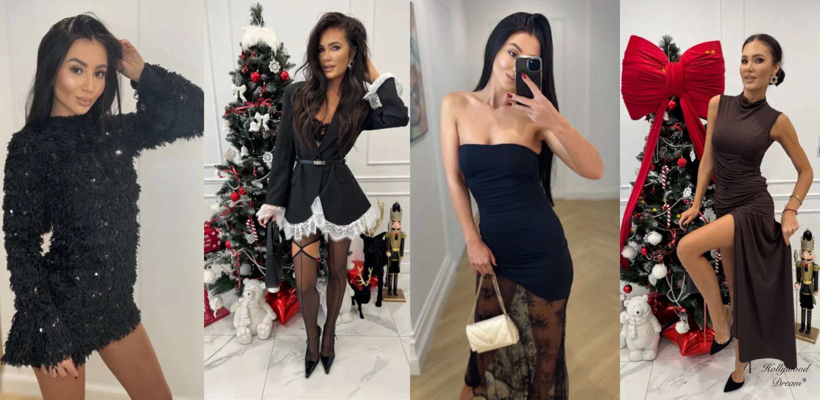 Cztery eleganckie stylizacje świąteczne – od czarnej mini z połyskiem, przez szykowny garniturowy look z koronką, dopasowaną sukienkę maxi z tiulem, aż po klasyczną brązową kreację z rozcięciem, idealne na wigilię i świąteczne spotkania