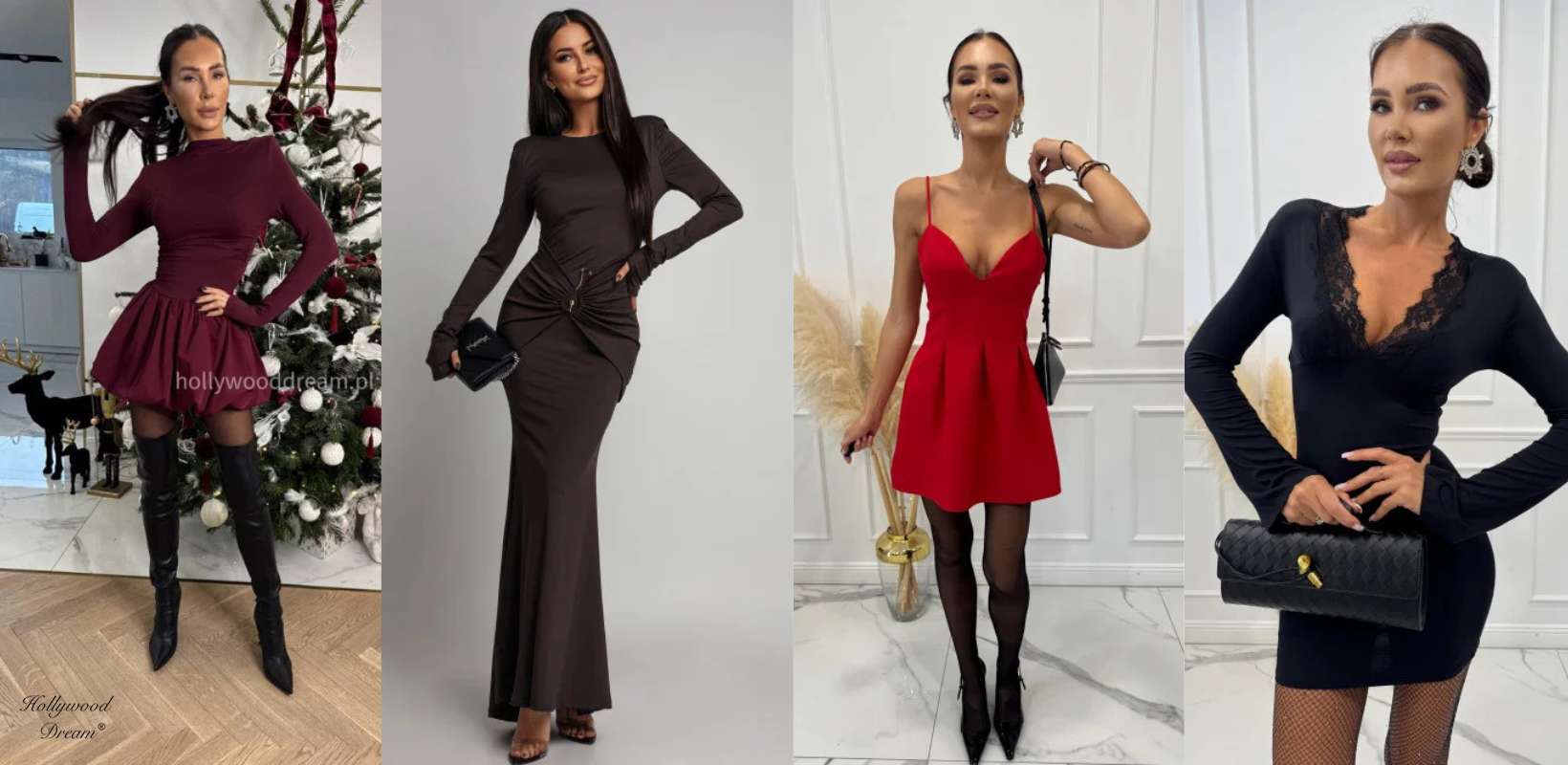 Cztery kobiece stylizacje na świąteczne wyjście – od zmysłowej mini z rozkloszowanym dołem, przez elegancką długą suknię, klasyczną czerwoną sukienkę na ramiączkach, aż po czarną mini z koronkowym dekoltem i kopertówką