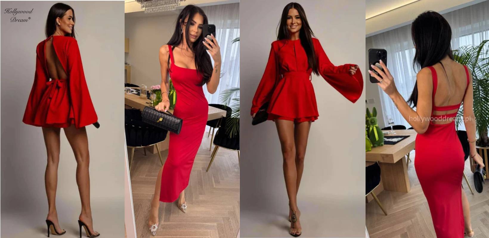 Cztery kobiety prezentujące różne fasony czerwonych sukienek Hollywood Dream – od eleganckiej midi z odkrytymi plecami po zwiewną mini z rozszerzanymi rękawami – w stylowych, nowoczesnych wnętrzach