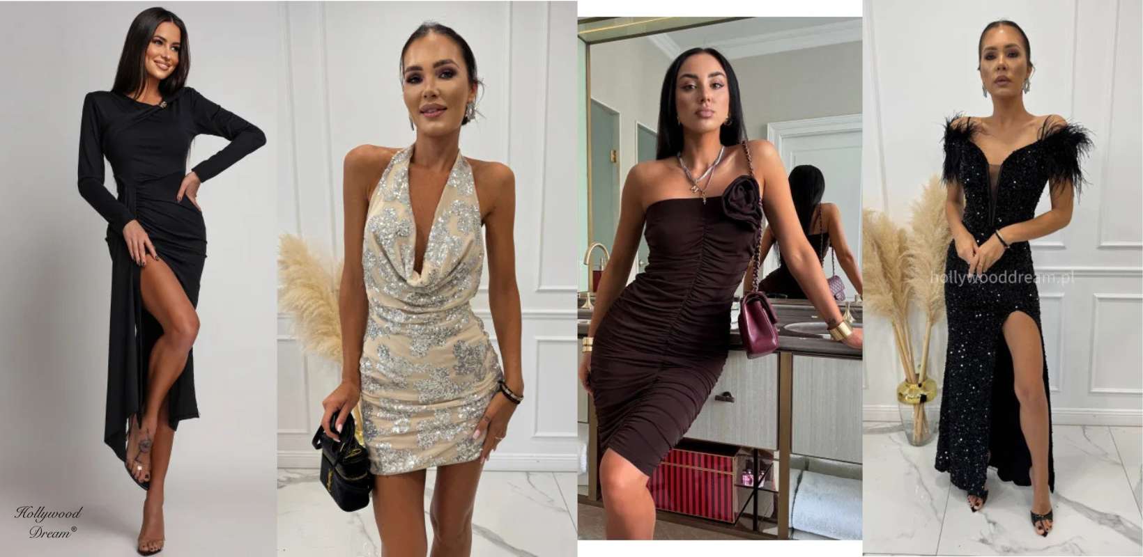 Cztery olśniewające stylizacje wieczorowe – od klasycznej czerni z głębokim rozcięciem, przez srebrną sukienkę z cekinami, elegancką brązową tubę z kwiatowym detalem, aż po czarną kreację z piórami i błyskiem, idealne na karnawał