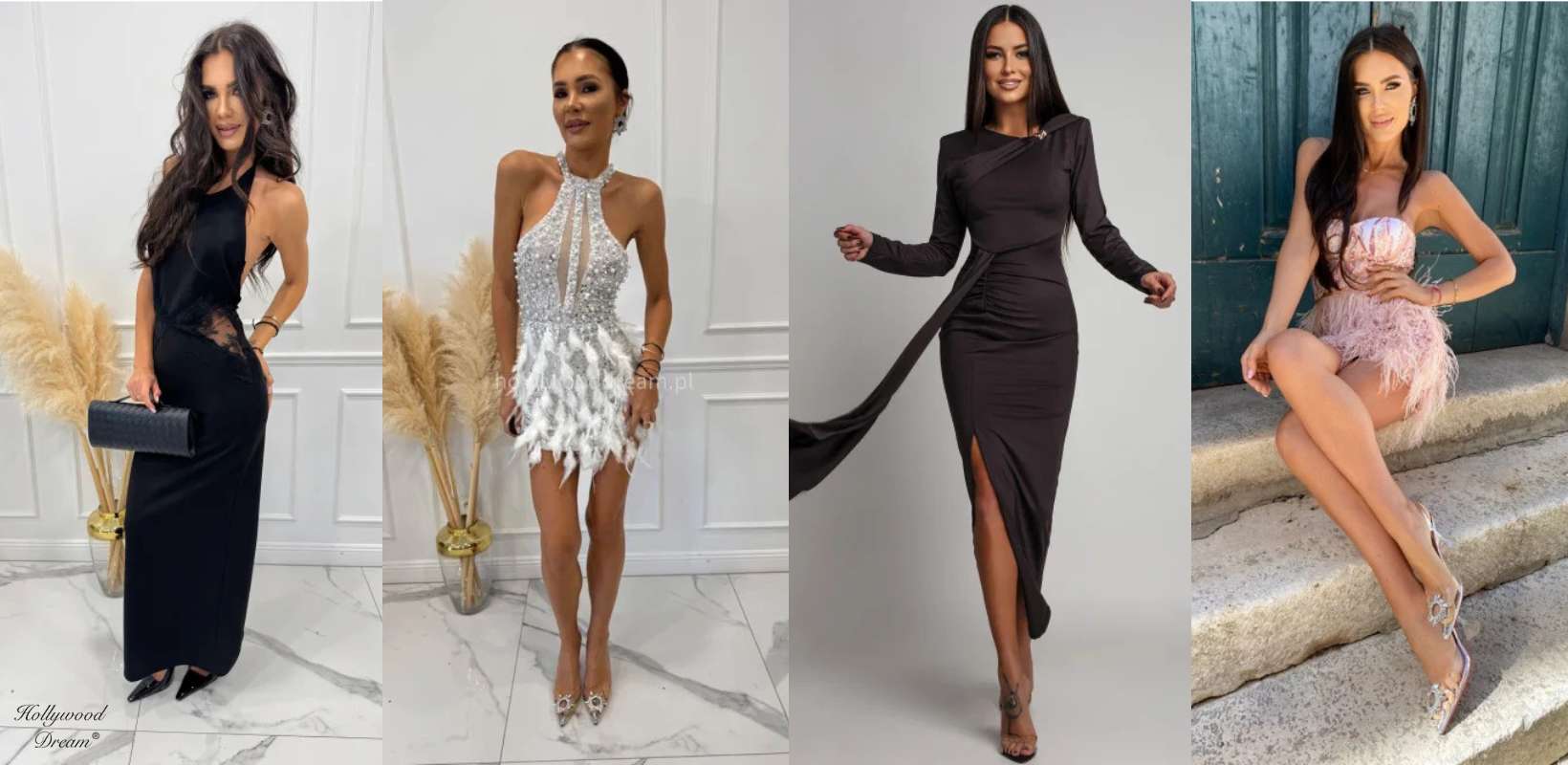 Cztery stylizacje idealne na Andrzejki – od zmysłowej czarnej sukni z koronką, przez efektowną mini z cekinami i piórami, klasyczną elegancję z rozcięciem, aż po romantyczną różową sukienkę z piórkowym wykończeniem