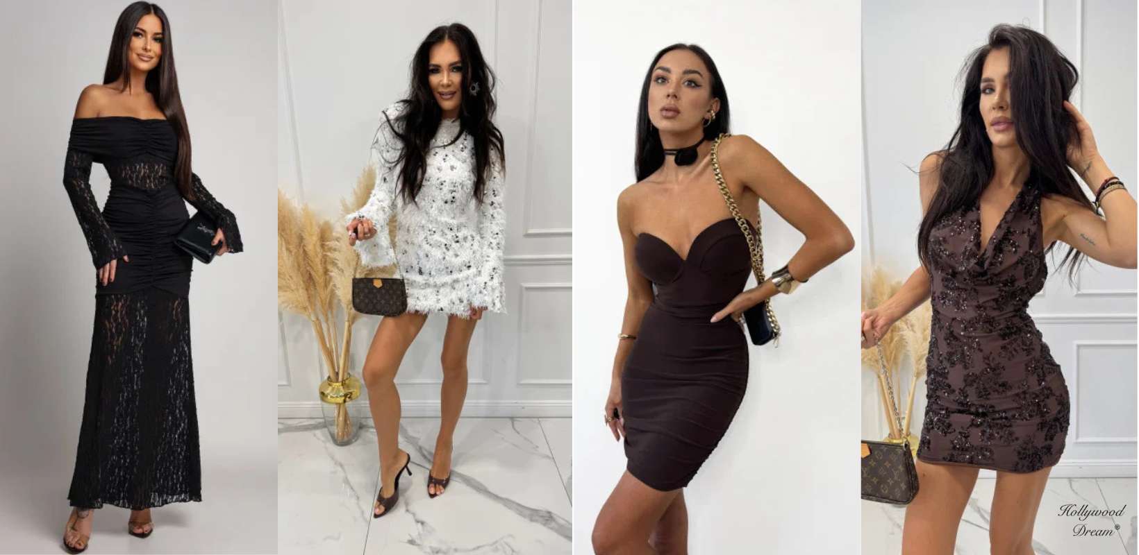 Cztery wyjątkowe stylizacje na wieczorne wyjście – od czarnej sukni z koronkowym akcentem, przez białą mini z fakturą i piórami, seksowną brązową sukienkę gorsetową, aż po błyszczącą mini z cekinowym wzorem w odcieniu czekolady